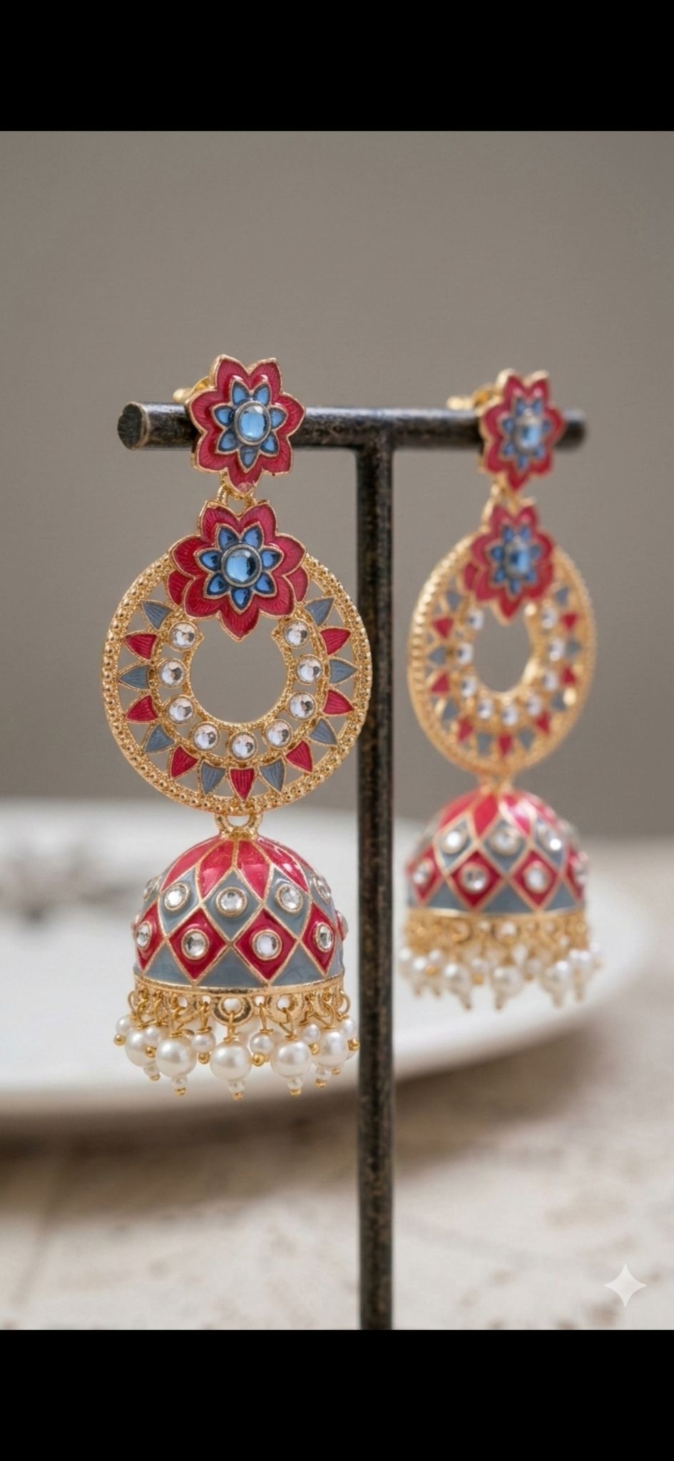 Elegant Pink and Grey Jhumka Earrings with Kundan Work