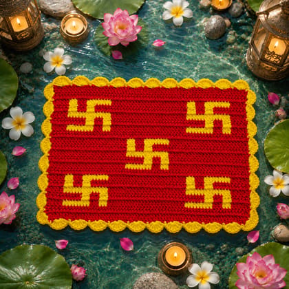 Aai's Handmade Crochet Swastik Pooja Mat - Red & Yellow, SN0004 (12.5x9 Inches, item Code - SN0004V1) Aai's Handmade Crochet Swastik Pooja Mat - Red & Yellow, SN0004 (12.5x9 Inches, item Code - SN0004V1)