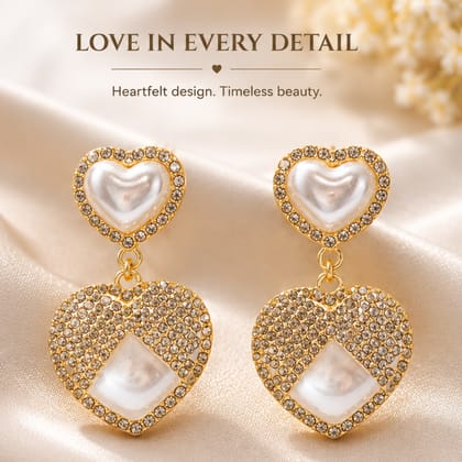 Elegantra Celebrity Style Double Heart Drop Earrings | 18K Gold Plated Waterproof Stainless Steel Romantic Hanging Tops | Perfect Valentine Birthday Gift for Women & Girls