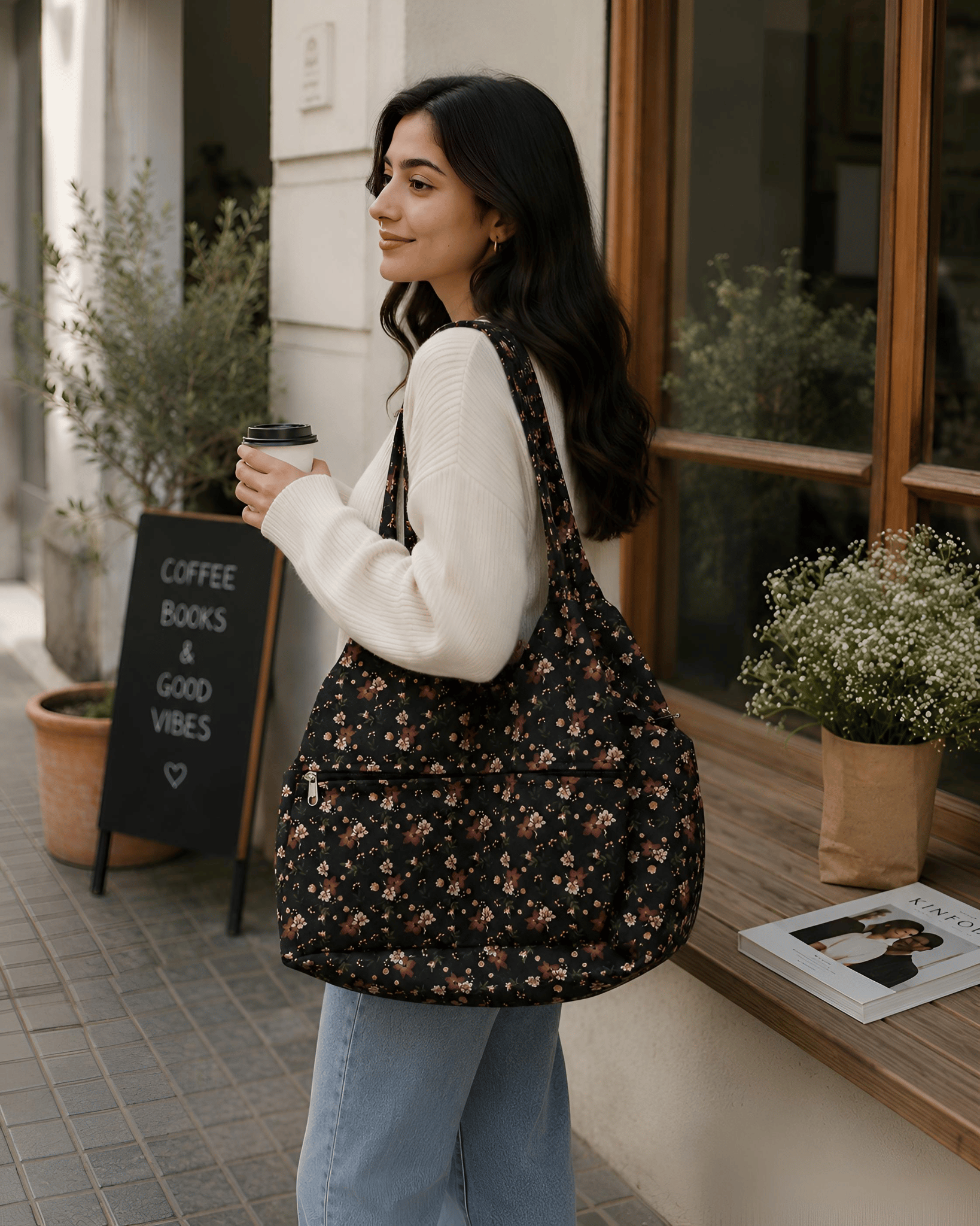 Women's Floral Print Shoulder Tote Bag | Lightweight Casual Everyday Handbag with Zipper Pocket