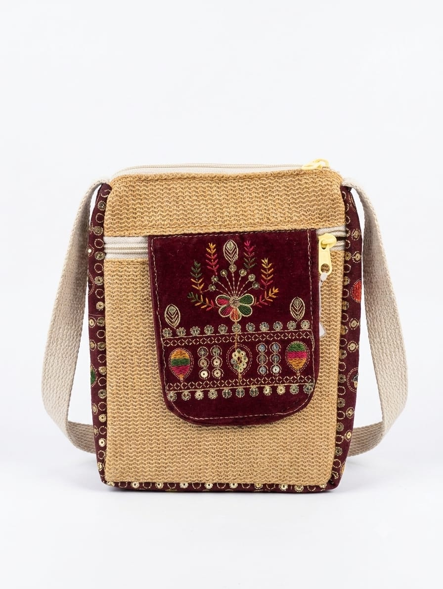 Handmade Beige Jute Sling Bag with Maroon Velvet Embroidery