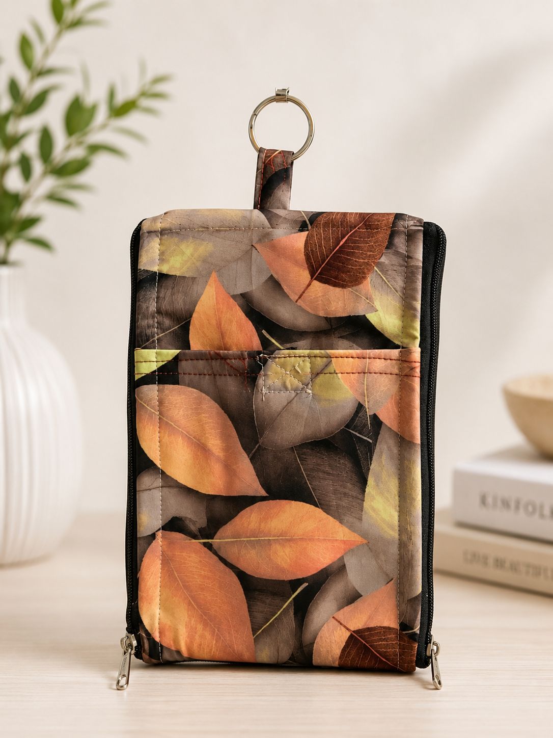 Autumn Leaf Print Fabric Clutch with Metal Ring