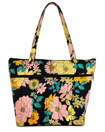 Women's Black Quilted Floral Tote Bag
