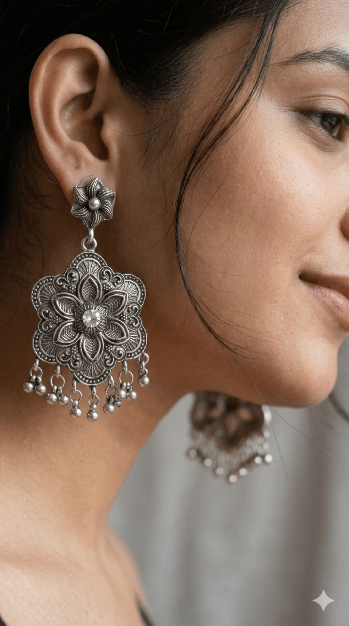 Ethnic Oxidized Silver Floral Statement Earrings with Ghungroo Drops