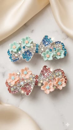 Floral Crystal Bow Hair Clip / Hair Barrette (pack of 2)