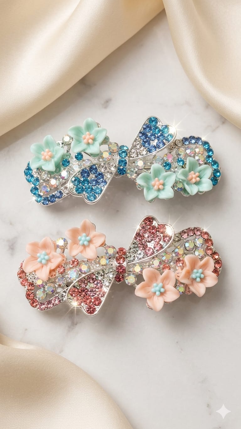 Floral Crystal Bow Hair Clip / Hair Barrette (pack of 2)