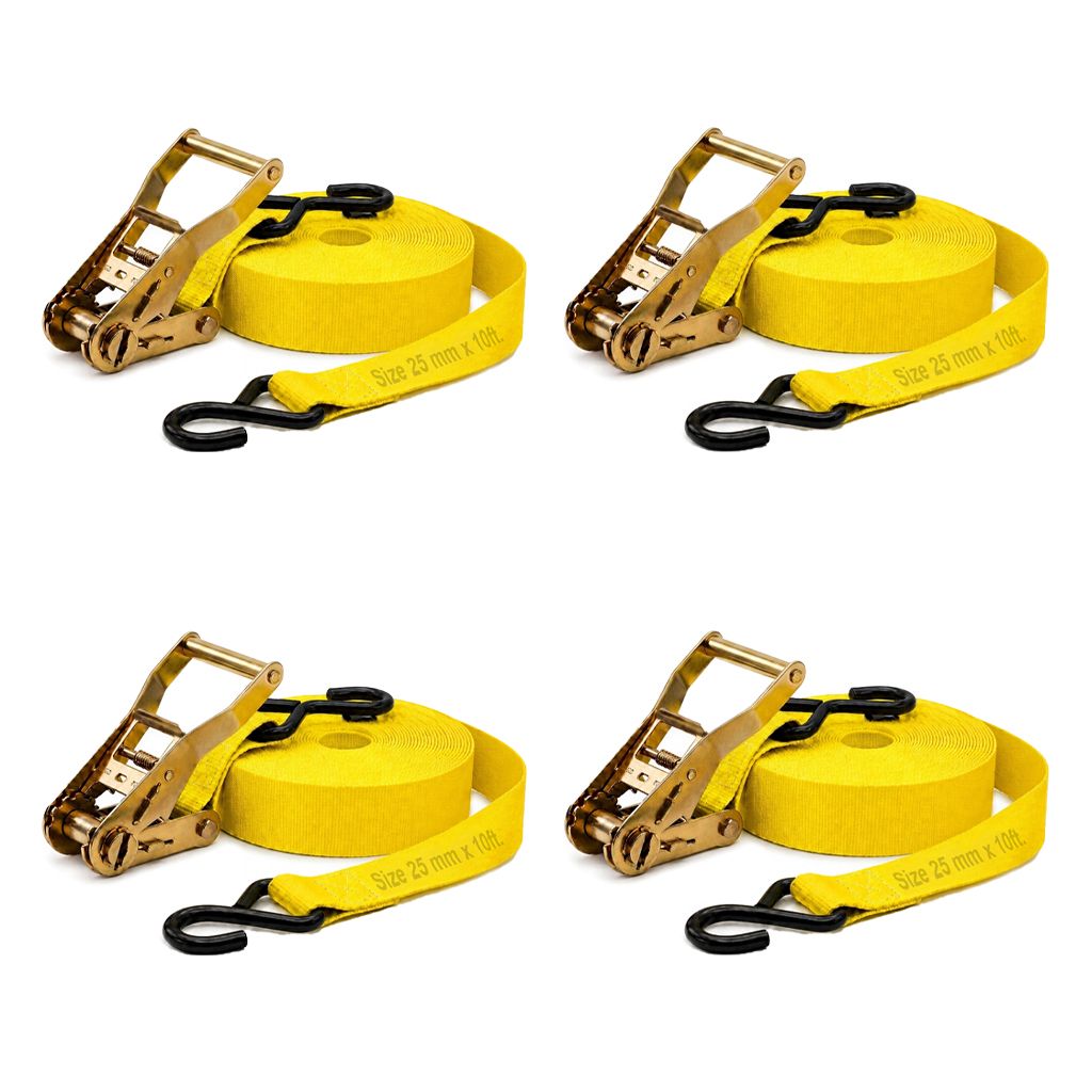 Trion Products Ratchet Tie Down Straps 1 Inch x 10 Feet with S Hooks | Heavy Duty Cargo Lashing Belts for Pick-up Trucks, LCVs, Motorcycles & Cargo Securing | 25MM Ratchet Straps (Pack4)
