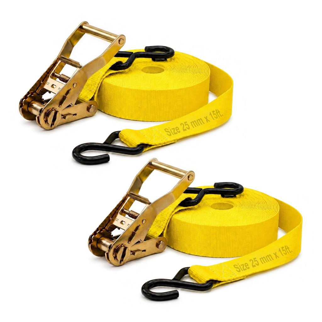 Trion Products Lashing Belt with S Hook - Pack of 2 | Heavy Duty Ratchet Strap, Cargo Lashing Belt, Polyester Lashing Belt for Bike, Pickup Truck, Trailer Cargo Tie Down | 1 Inch x 15 Feet, Yellow