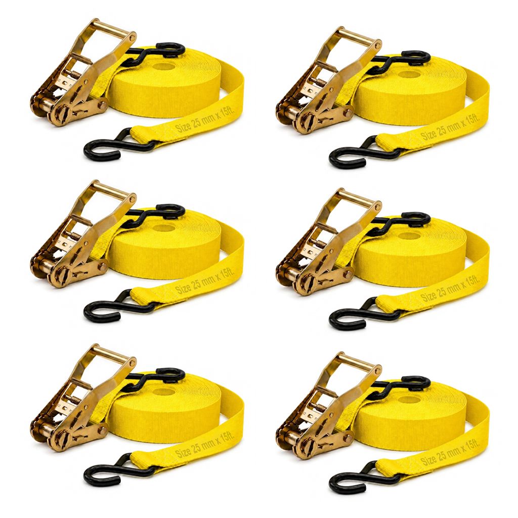 Trion Products Heavy Duty Ratchet Cargo Lashing Belt - 1 Inch x 15 ft with S Hook | Heavy Duty Lashing Belt, Polyester Lashing Belt for Bike, Pickup Truck, Trailer Cargo Tie Down | Pack of 6