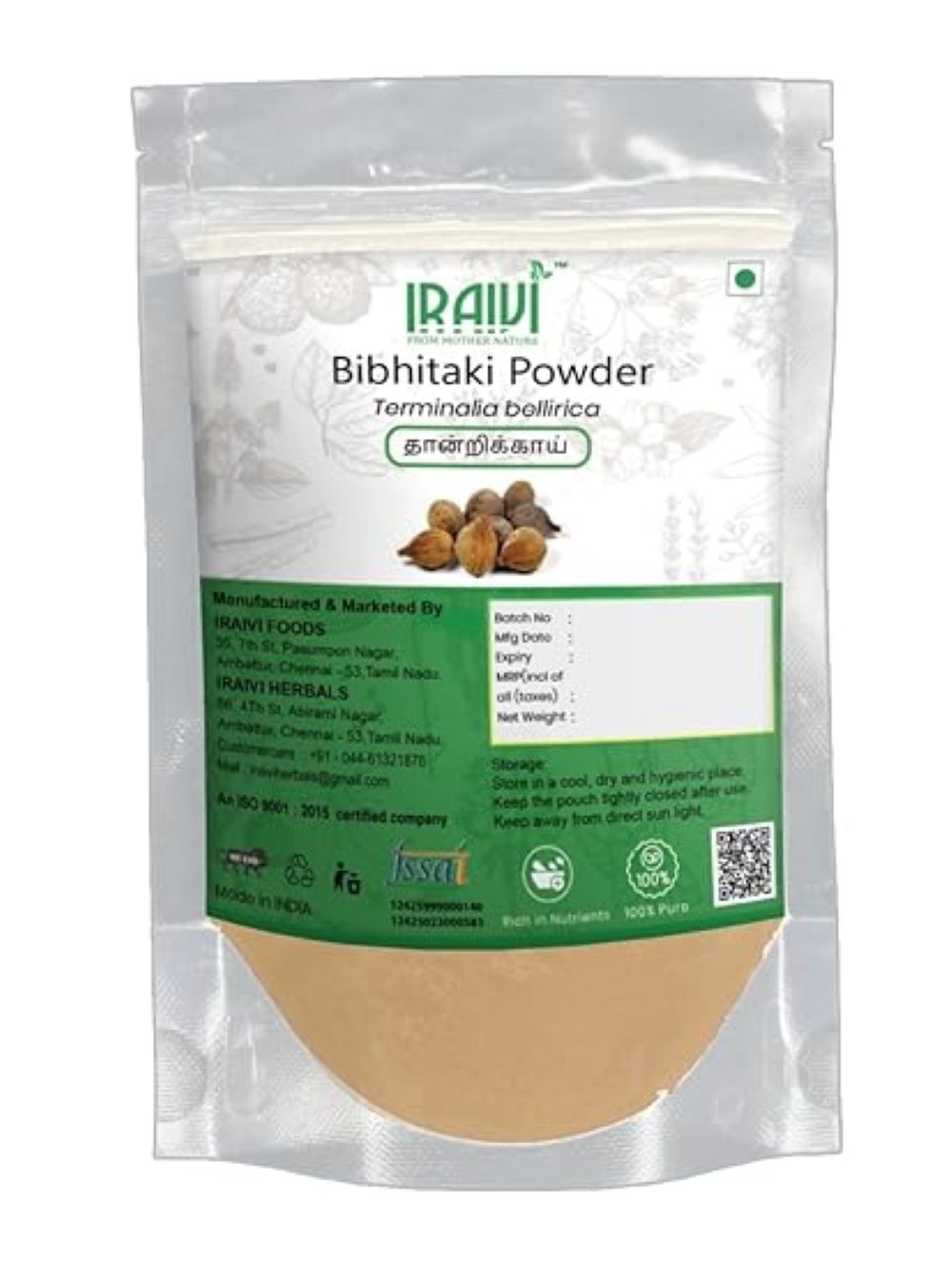 Iraivi Premium Bibhitaki Powder Thandrikkai (Baheda)-100Gram | Pure & Natural by Iraivi Organics