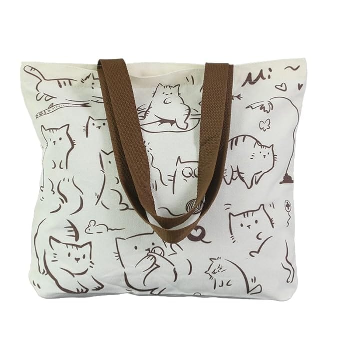 Printed Cotton Cat Motif Tote Bag