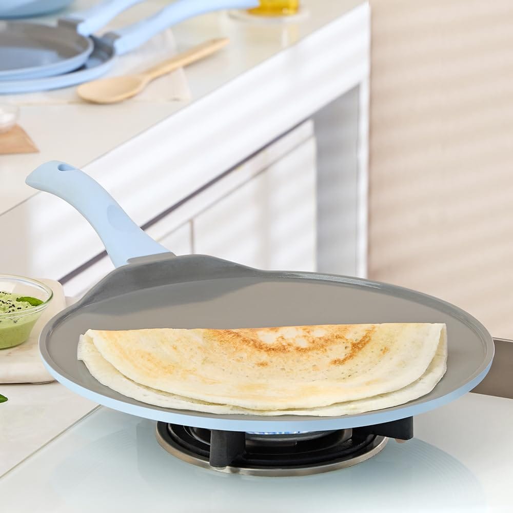 Borosil Ceramic Vajra 31 cm Flat Dosa Tawa | Gas Stove & Induction Compatible, Dishwasher Safe | PFOA and PFAS Free Tava | 1 Year Warranty, Sky Blue