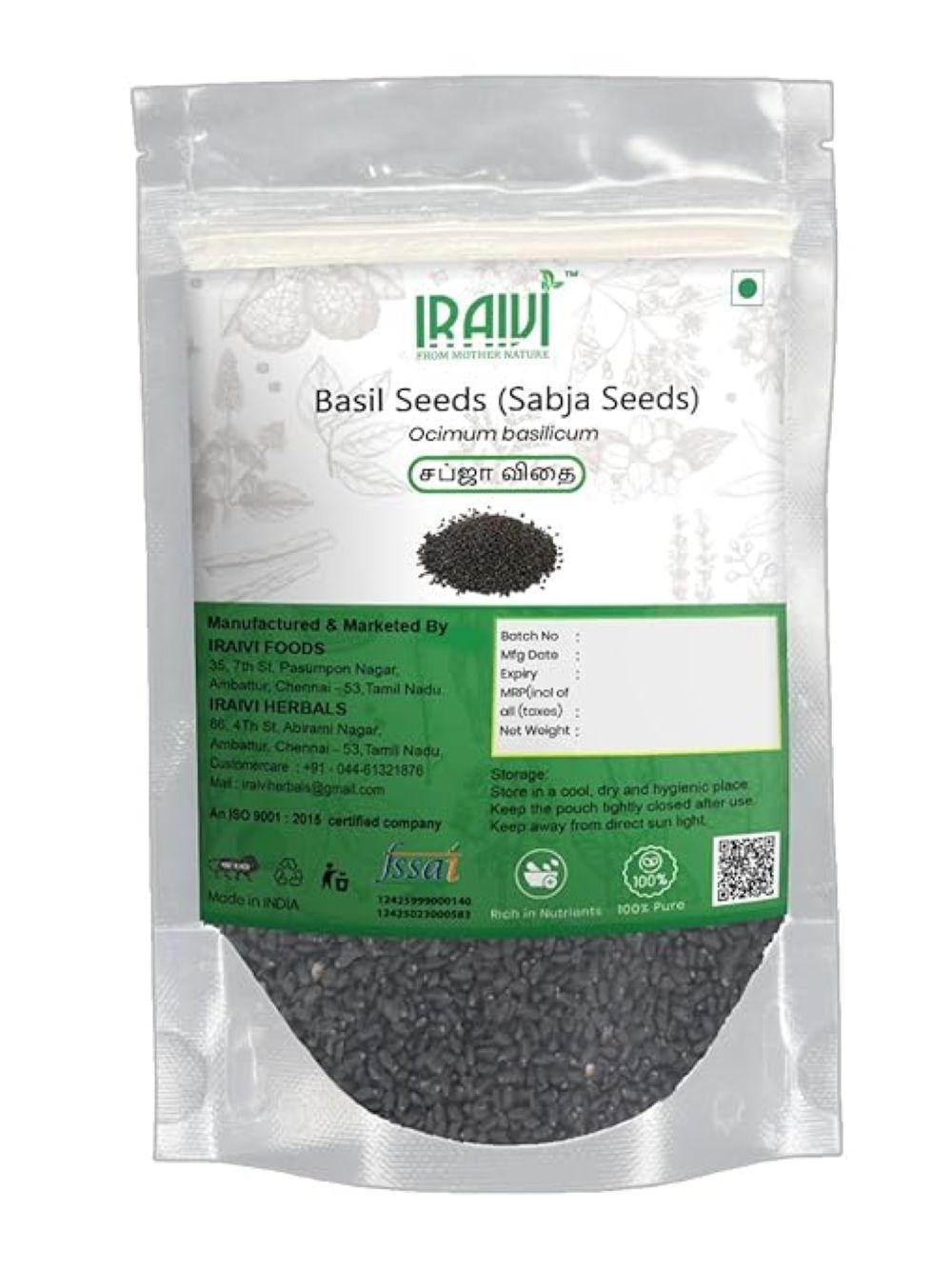 IRAIVI Premium Basil Seeds | Sabja Seeds | Tukmaria | Pure & Natural by Iraivi