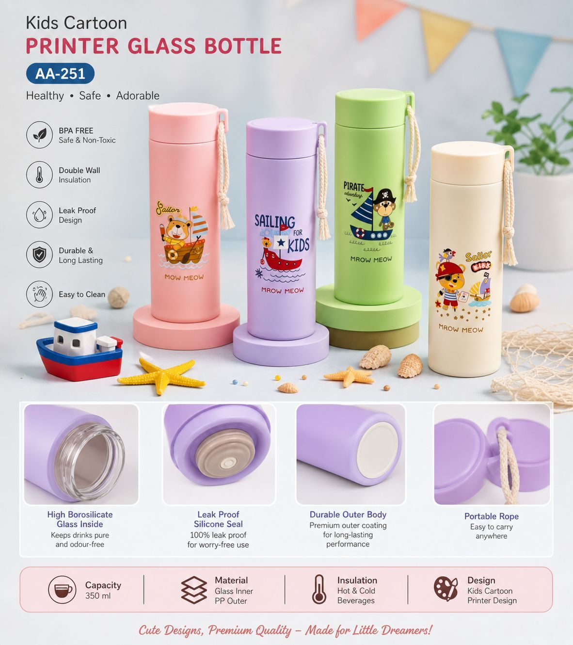 AA-251 Cartoon Printed Glass Water Bottle for Kids | Leak-Proof Glass Drinking Bottle with Protective Cover | Reusable School, Travel & Daily Use Water Bottle (Random Design & Color)