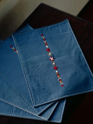 Handmade Indigo Blue Cotton Placemats with Geometric Embroidery (Set of 4)