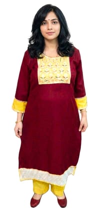 Women's Cotton Solid Colour Straight Kurta and Palazzo Pant Set | Size: XL | Colour of Kurta: Maroon | Colour of Palazzo Pant: Yellow | Women's Cotton Solid Colour Straight Kurta and Palazzo Pant Set | Size: XL | Colour of Kurta: Maroon | Colour of Palazzo Pant: Yellow |