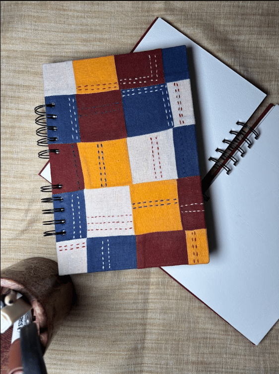 Handmade Multi-Color Patchwork Fabric Spiral Notebook - A5 Size, Plain Pages