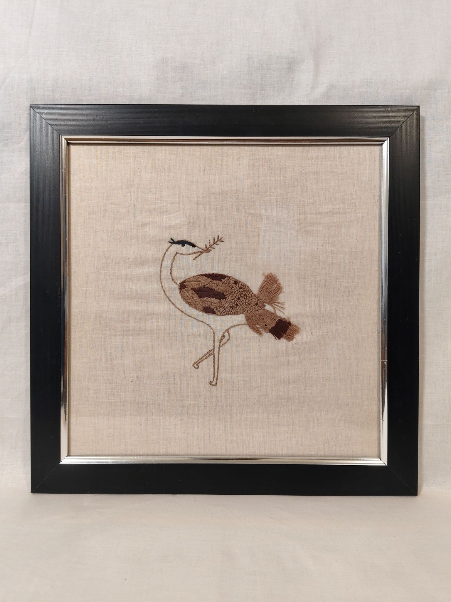 Hand-Embroidered GIB Bird Wall Art with Dual-Tone Black and Silver Frame
