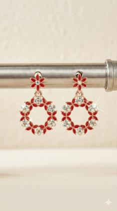 Elegant Rose Gold-Plated Red Enamel Floral Drop Earrings with Rhinestones for Women