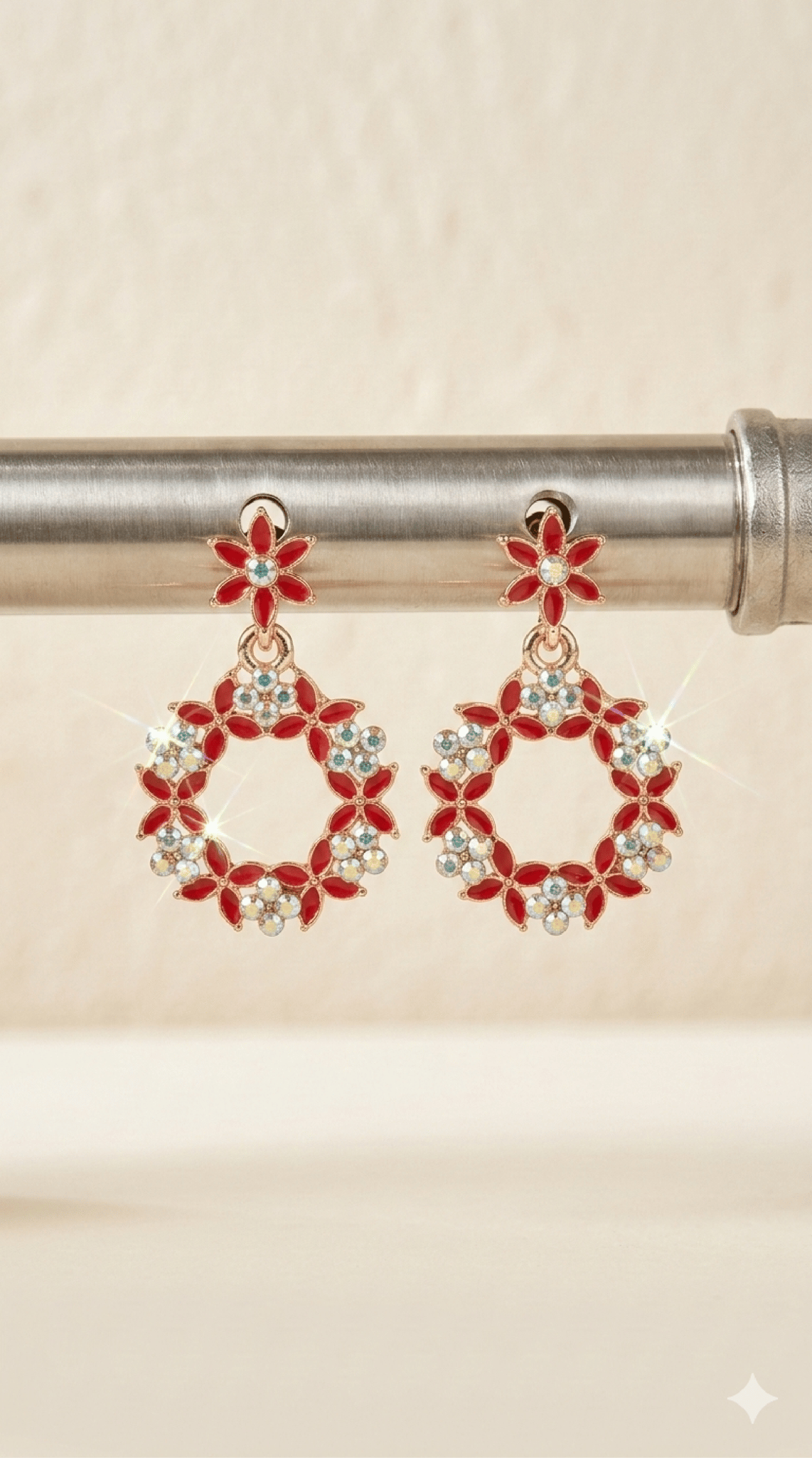 Elegant Rose Gold-Plated Red Enamel Floral Drop Earrings with Rhinestones for Women