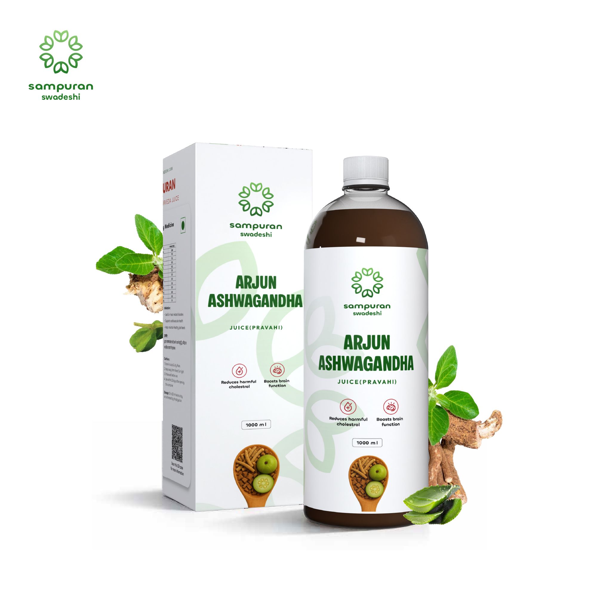 Sampuran Swadeshi Arjun Ashwagandha Juice - 1000 ml Pack of 1, Ayurvedic Remedy for Heart Health & Anxiety, Helps regulate blood pressure, reduce anxiety, and improve overall cardiovascular wellness