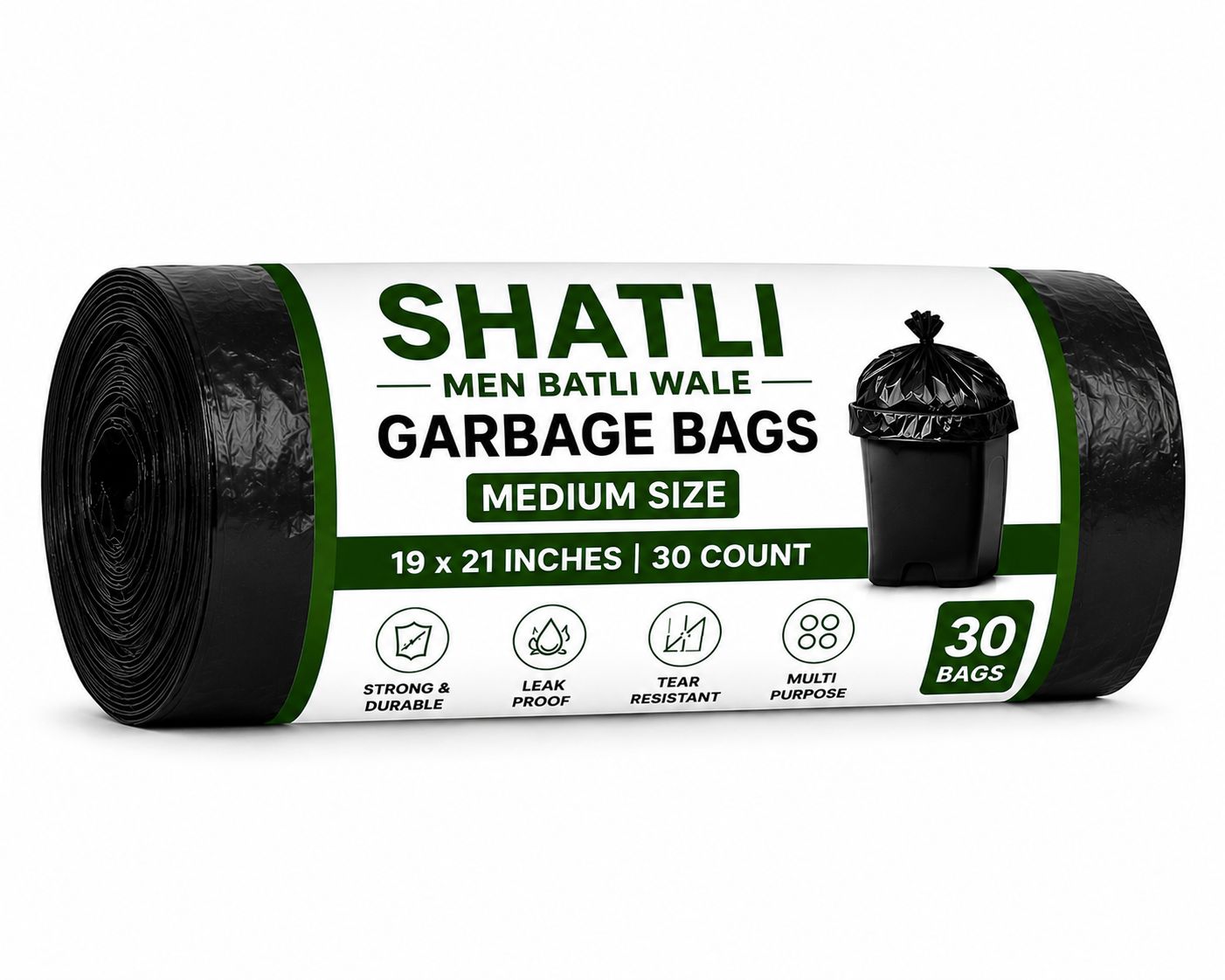 Garbage Bags Medium Size 19 x 21 Inches | 30 Count (30 Bags x 1 Roll) | Black Plastic Trash Bags for Dry & Wet Waste | Strong & Leak-Proof