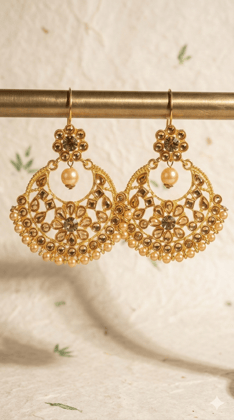 Traditional Gold-Plated Ethnic Chandbali Earrings with Champagne Stones and Pearl Drops for Women