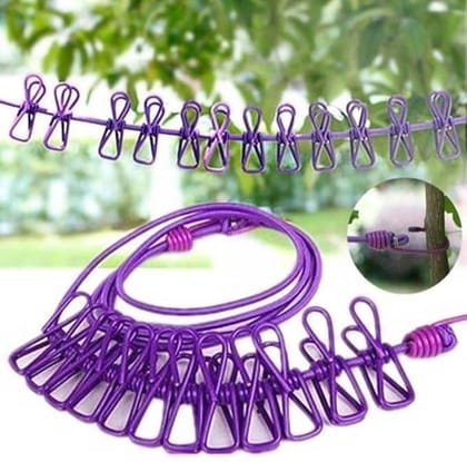Cloth Drying Rope with Hooks - Elastic Hanging Rope for Travel, Home, and Outdoor Drying - Includes 12 Clips-Kapde Sukhane ki Rassi Wire - Multicolour (1)