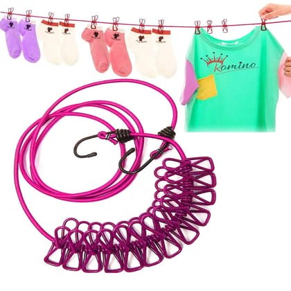 Cloth Drying Rope with Hooks - Elastic Hanging Rope for Travel, Home, and Outdoor Drying - Includes 12 Clips-Kapde Sukhane ki Rassi Wire - Multicolour (1)