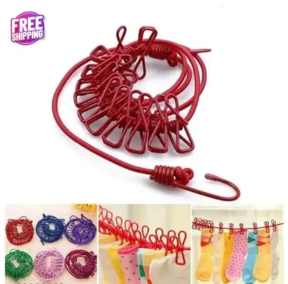 Cloth Drying Rope with Hooks - Elastic Hanging Rope for Travel, Home, and Outdoor Drying - Includes 12 Clips-Kapde Sukhane ki Rassi Wire - Multicolour (1)
