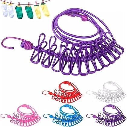 Cloth Drying Rope with Hooks - Elastic Hanging Rope for Travel, Home, and Outdoor Drying - Includes 12 Clips-Kapde Sukhane ki Rassi Wire - Multicolour (1)