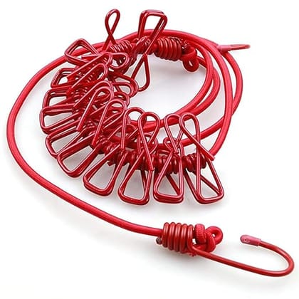 Cloth Drying Rope with Hooks - Elastic Hanging Rope for Travel, Home, and Outdoor Drying - Includes 12 Clips-Kapde Sukhane ki Rassi Wire - Multicolour (1)