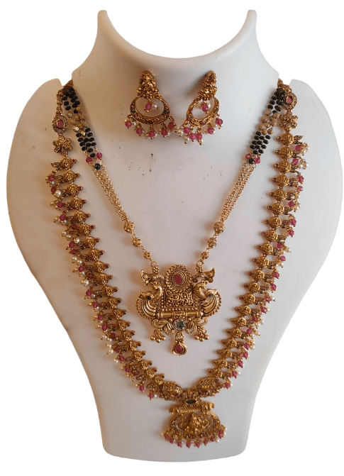 Gold Plated Peacock Design Jewellery Set with long and short necklaces and Earrings