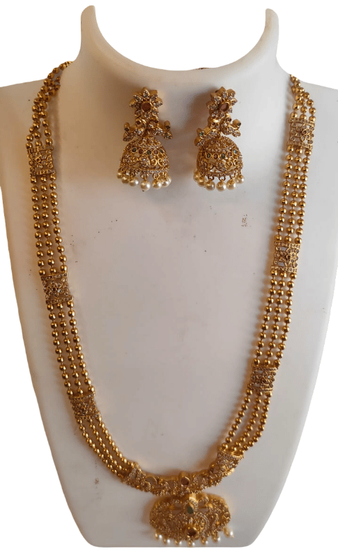 Traditional Gold Plated Three Layer Stone Studded Long Necklace Set