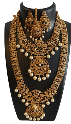 Gold-Plated Kundan and Pearl Indian Bridal Jewelry Set with Long Necklace Gold-Plated Kundan and Pearl Indian Bridal Jewelry Set with Long Necklace