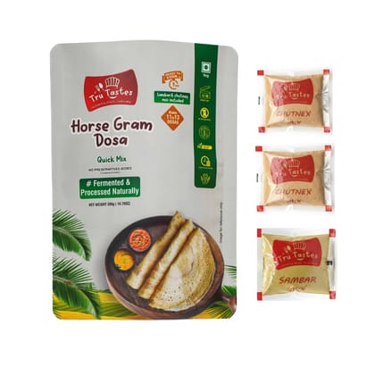 Tru Tastes Horse Gram Dosa Quick Mix with Sambar,Chutney and Penut Chutney, Fermented and Processed Naturally, Can Make 13 Dosas, Complete Breakfast Kit Tru Tastes Horse Gram Dosa Quick Mix with Sambar,Chutney and Penut Chutney, Fermented and Processed Naturally, Can Make 13 Dosas, Complete Breakfast Kit