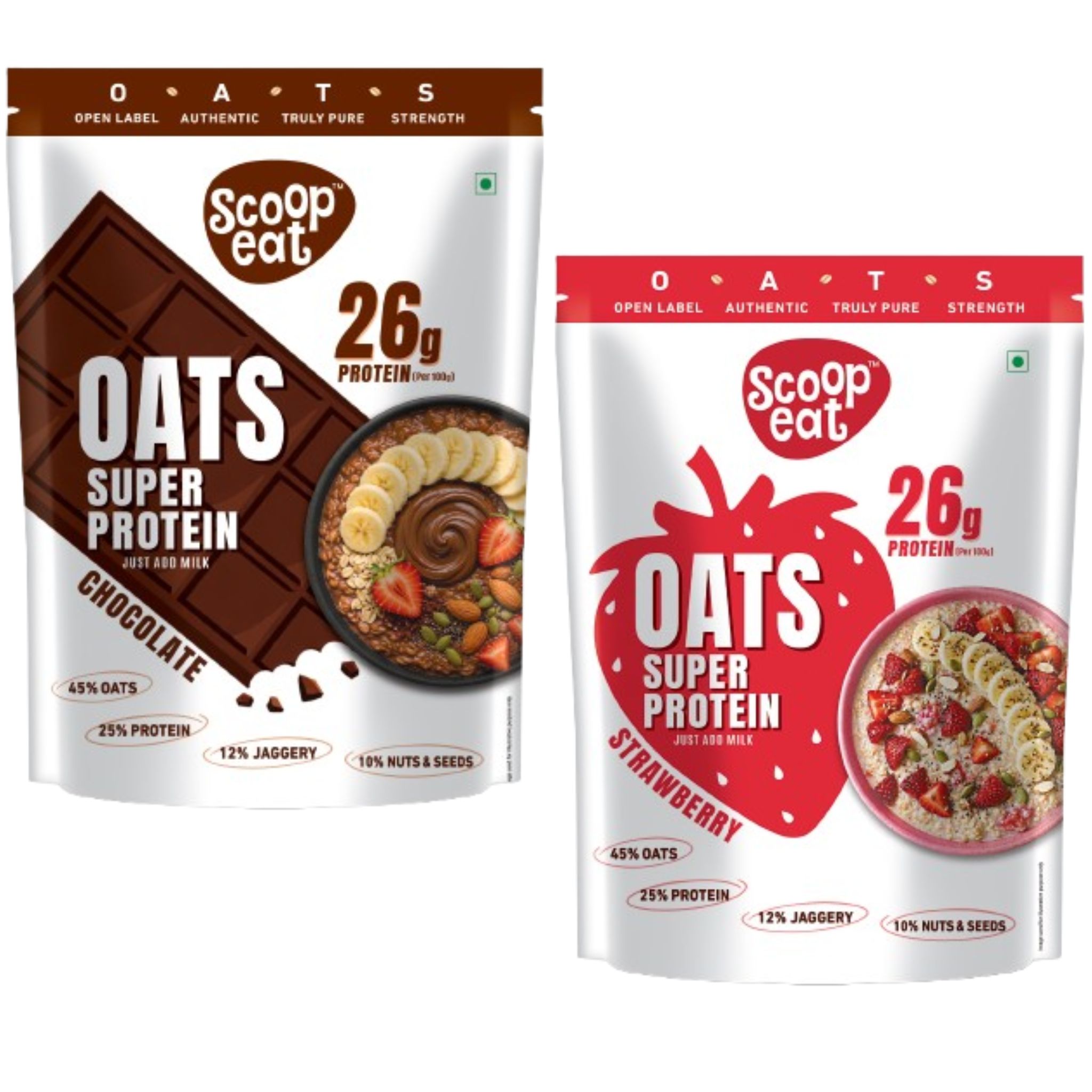 Scoopeat Assorted Combo of 2 - 26g Super High Protein Chocolate Oats + 26g Super High Protein Strawberry Oats 