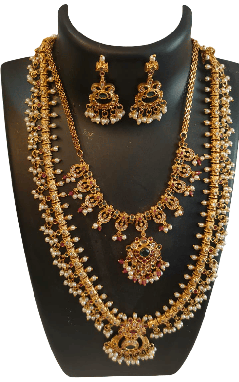 Traditional South Indian Gold-Plated Jewelry Set with Long Floral Chain, Pearl Drops, Double Pendant Necklace, Earrings for Women
