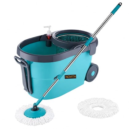 Novita Premium 360° Spin Mop Bucket Set with Stainless Steel Spinner Wringer & Big Wheels, Adjustable Puller Handle, Microfiber Head Refill, Easy Floor Cleaning for Home & Office 1 Extra Refill - Blue