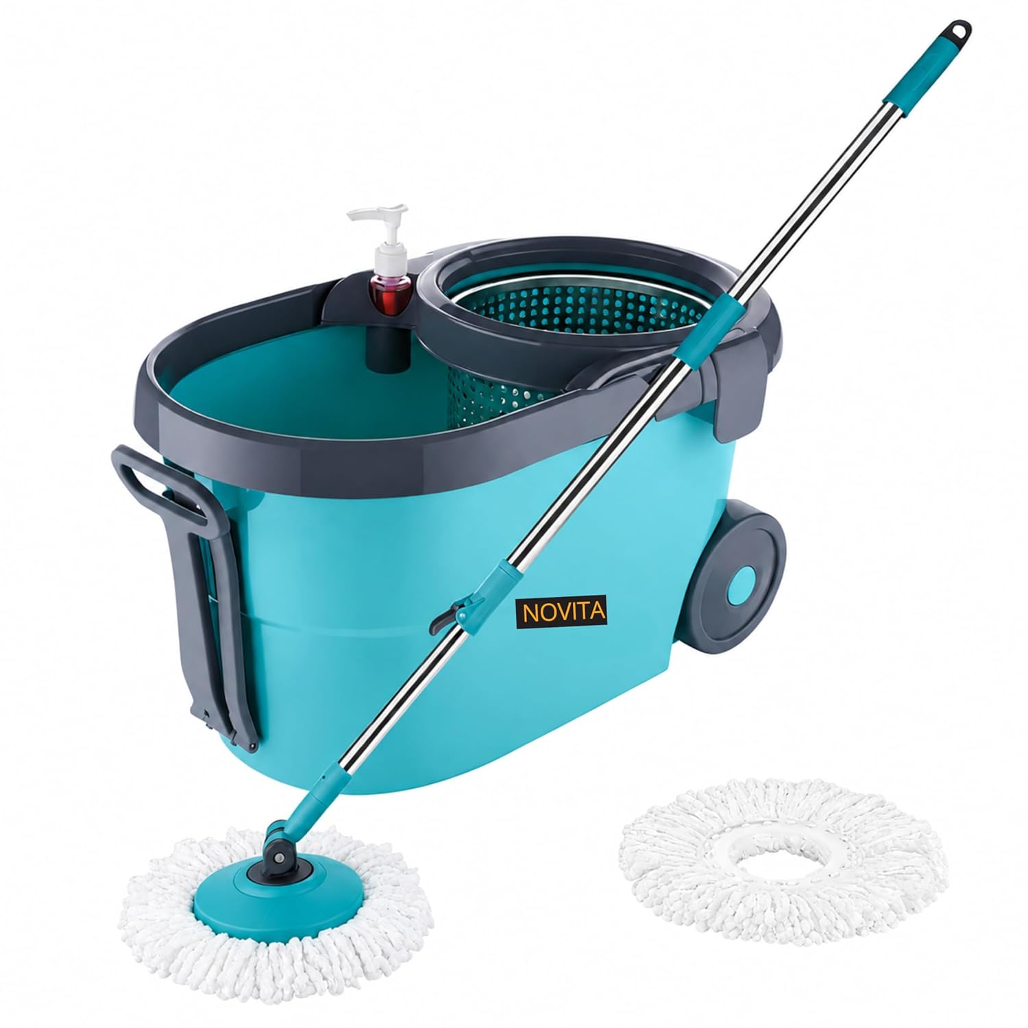 Novita Premium 360° Spin Mop Bucket Set with Stainless Steel Spinner Wringer & Big Wheels, Adjustable Puller Handle, Microfiber Head Refill, Easy Floor Cleaning for Home & Office 1 Extra Refill - Blue