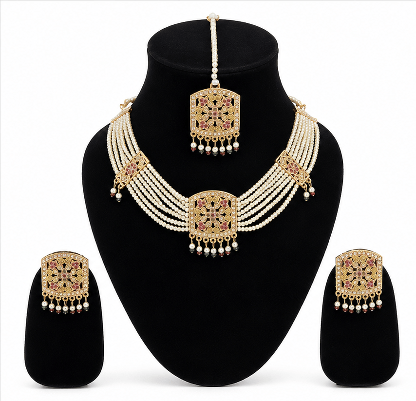 Dokachi Multi Strand Pearl Choker and Maang Tikka Set with Kundan Work