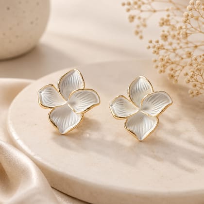 Elegantra White Flower Stud Earrings for Women and Girls | 18K Gold Plated Waterproof Stainless Steel Floral Tops | Anti-Tarnish Premium Korean Western Jewelry