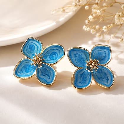 Elegantra 18K Gold-Plated Brass Blue Enamel Floral Stud Earrings for Women & Girls (Pack of 1 Pair) Anti-Tarnish Western Fashion Jewellery for Party, Casual & Office Wear