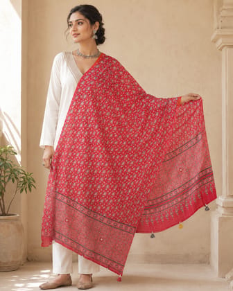 Women's Ajrakh Print Red Cotton Dupatta with Mirror Work and Tassels