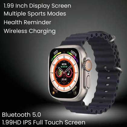 T800 Ultra Smart Watch with Orange Strap, Bluetooth Connectivity, Fitness Tracking, HD Display