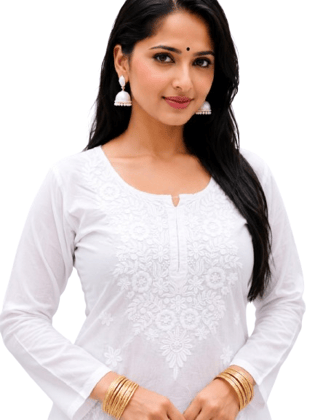 Mrs Right Women's White Chikankari Embroidered Cotton Kurti | Long Kurta 45 Inch | Straight Fit | Side Slits | Full Sleeves | Lucknowi Ethnic Wear