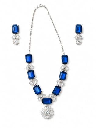 Royal Blue Crystal Stone Statement Necklace Set with Matching Earrings for Women | Silver Plated Party Wear Jewelry Royal Blue Crystal Stone Statement Necklace Set with Matching Earrings for Women | Silver Plated Party Wear Jewelry