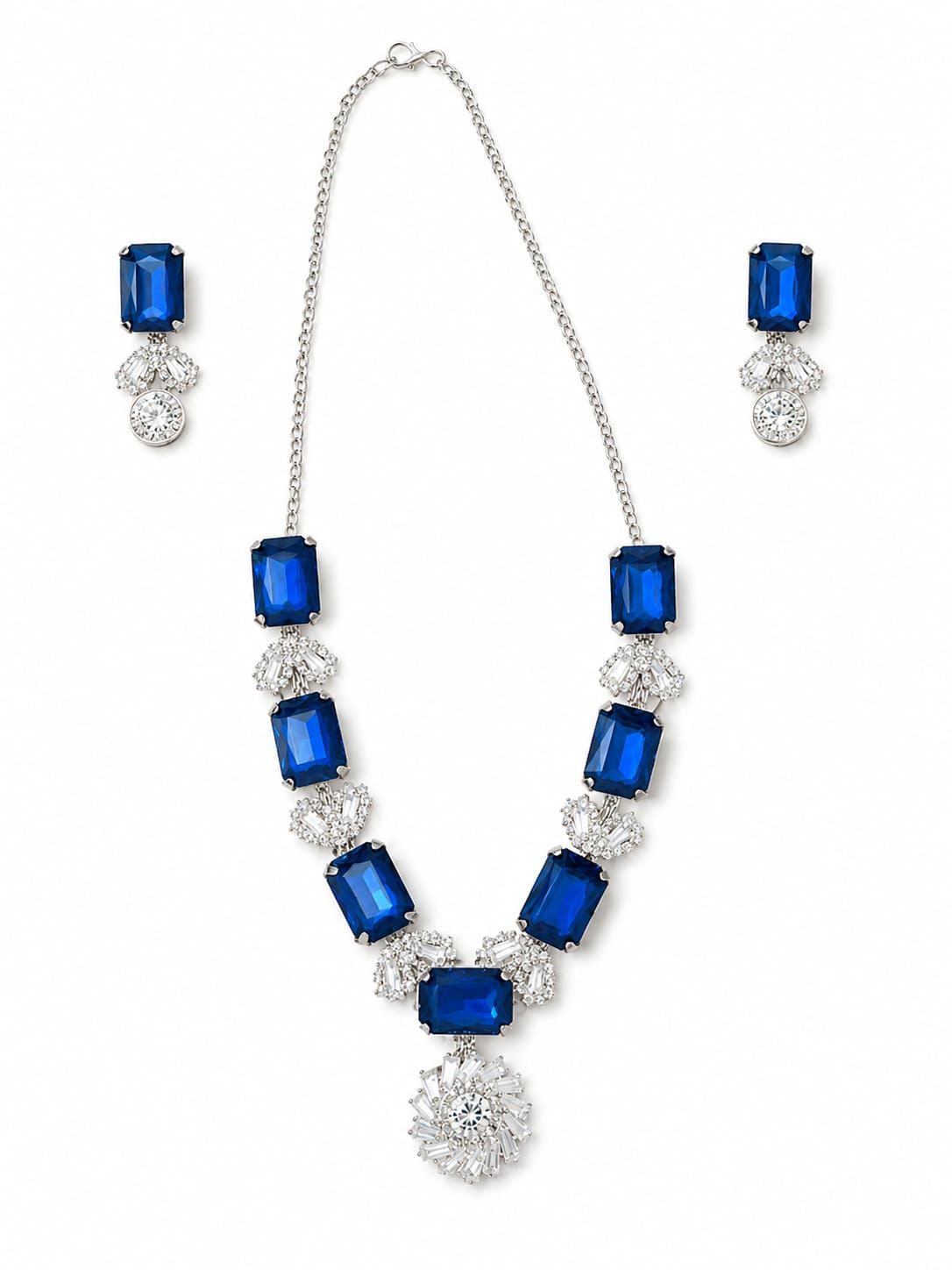 Royal Blue Crystal Stone Statement Necklace Set with Matching Earrings for Women | Silver Plated Party Wear Jewelry