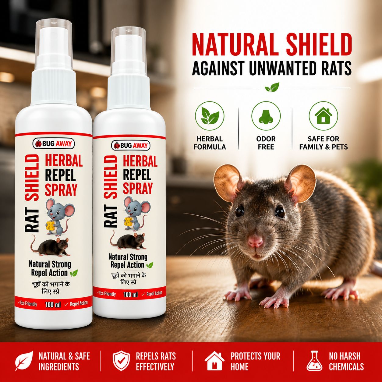 BUGAWAY Herbal Rat Repellent Spray | Natural Rat Repellent for Home, Kitchen & Car 100ML (Pack Of 2)