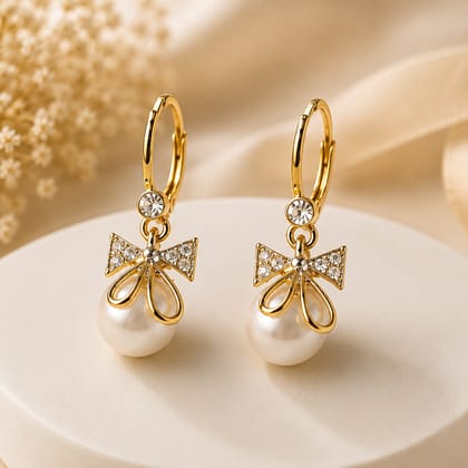 Elegantra Pearl Drop Bow Huggie Earrings – Sparkling Crystal Ribbon & Lustrous Pearl Dangles | Elegant Anti-Tarnish Daily Wear Jewelry Pack